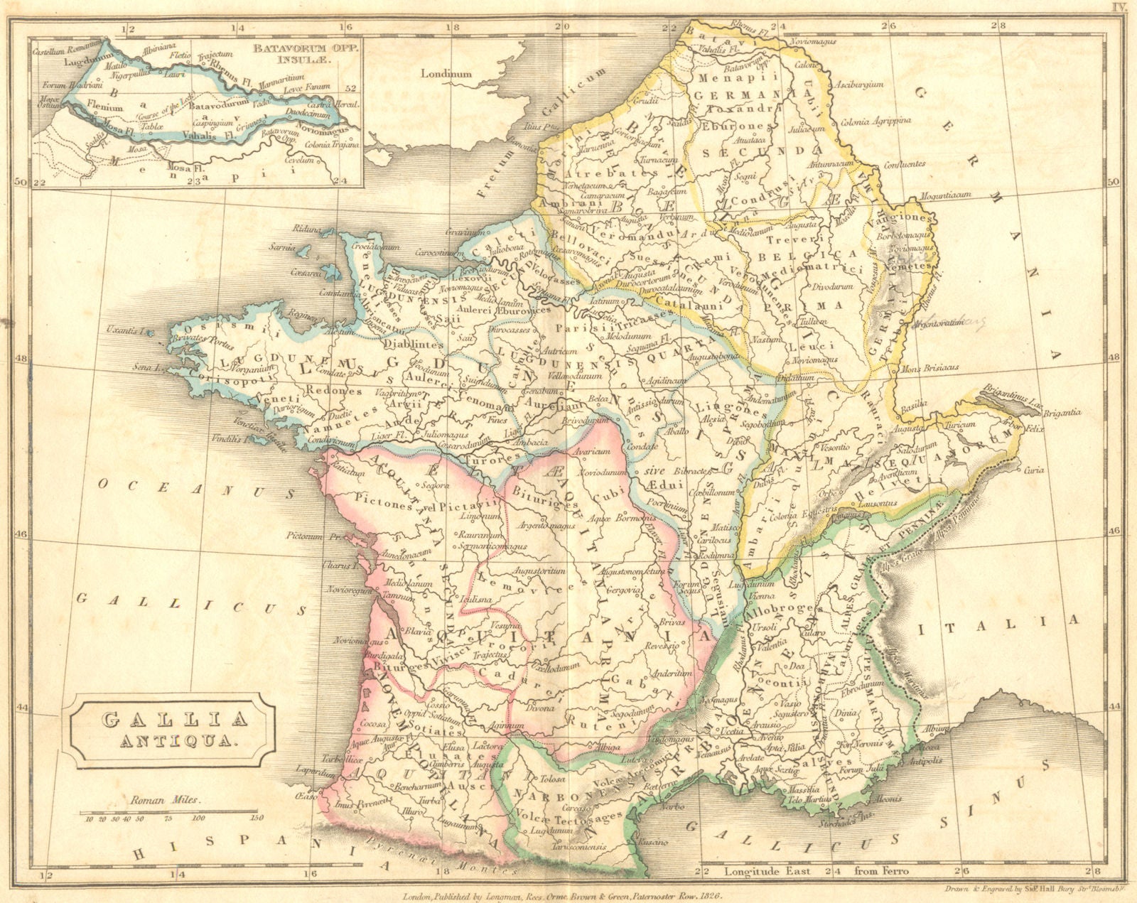 FRANCE. Ancient Roman Gaul Gallia Antiqua. Hall 1826 old antique map chart